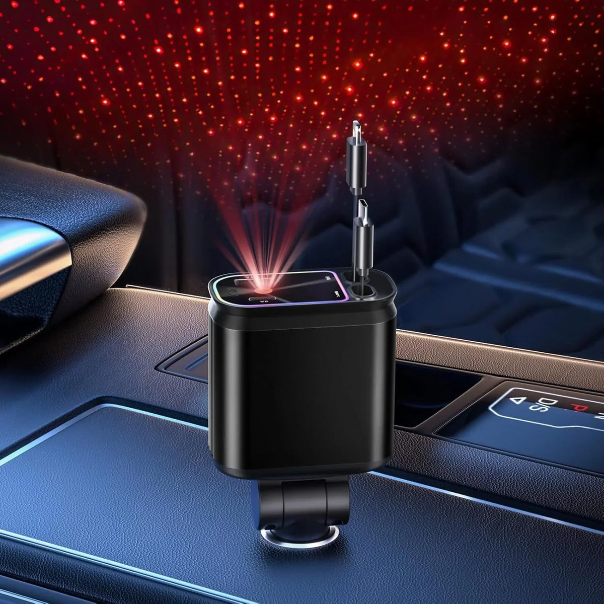 🚗 Chargeur de Voiture Rapide 4-en-1 avec Lumière Étoilée — Câble Rétractable